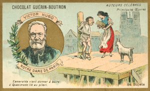 Victor Hugo, ranskalainen kirjailija ja kohtaus hänen romaanistaan Notre Dame de Paris (chromolitho) tekijältä French School