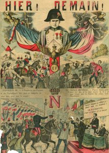 Victor Napoleon (1862-1926) Bonapartistien kannattajien johdossa, Napoleon I:n viimeinen perillinen joutui lähtemään maanpakoon kolmannen tasavallan vuonna 1886 hyväksymän lain vuoksi. Kaiverrus, Le Figaro -lehdessä 30.3.1889, Pariisi. tekijältä French School