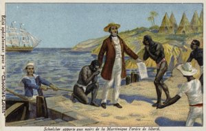 Victor Schoelcher tuomassa uutisia heidän vapaudestaan Martiniquen orjille, vuodelta 1848 tekijältä French School