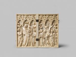 Vierge Glorieuse ja Crucifixion diptyykki eebenpuutausta on myöhempi, 1300-luvulla tekijältä French School