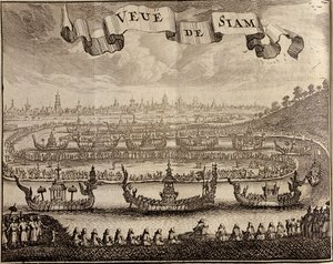 Näkymä Ayutthayasta kuninkaallisten proomujen kanssa, Guy Tachardin Voyage du Siam des Peres Jesuitesista, 1688 tekijältä French School