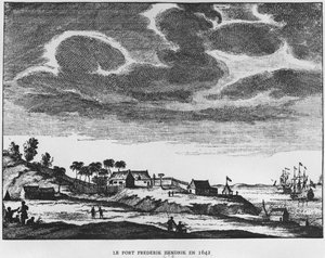 Näkymä Fort Frederik Hendrikin linnoitukselle, Mauritiukselle, vuonna 1642, kuva Le Premier Etablissement Neerlandais a Mauricesta, prinssi Roland Bonaparte (1858-1924) 1890 tekijältä French School