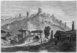 Näkymä Montmartrelle vuonna 1859, ennen liittymistä Pariisin kaupunkiin vuonna 1860. Näkymä otettu Saint Denisin tasangolta. Kaiverrus "" Le Monde Illustré" -julkaisussa nro 141, 24. joulukuuta 1859. tekijältä French School