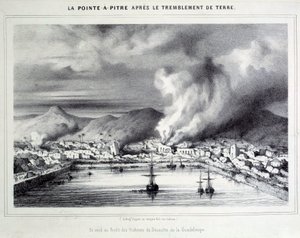 Näkymä Pointe a Pitrestä (Pointe-a-Pitre) maanjäristyksen jälkeen 8.2.1843. Kaiverrus 1800-luvun Chartresista, Musee des Beaux Arts tekijältä French School