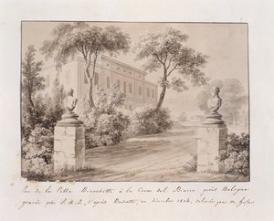 Näkymä Villa Bianchettista Croce del Biaccossa lähellä Bolognaa, kaiverrettu S.A.I. Busatin mukaan, värittänyt M. Hofer, joulukuu 1814 (värillinen kaiverrus) tekijältä French School