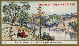 Näkymä puistoon Melbournessa, Australiassa (chromolitho) tekijältä French School