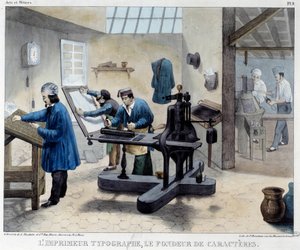 Näkymä painotyöpajasta: typografi ja hahmontekijä. Bineteaun litografia tekijältä French School