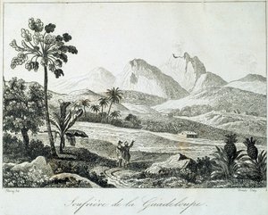 Näkymä soufriereen Guadeloupella. Kaiverrus 1800-luvulta. Chartres, Musee des Beaux Arts tekijältä French School