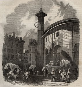 Näkymä halle au blesta Pariisissa (rakennettu 1763-1769) ja Medici-pylväästä, kaiverrus 1800-luvun alussa - vehnä- ja maissivaihto Pariisissa (rakennettu 1763-1769), kaiverrus 1800-luvun alku - Halle au ble -näkymä, sijaitsee nykyisessä Hotel de Soisissa tekijältä French School
