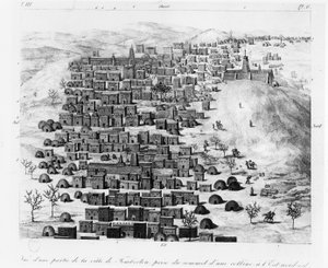 Näkymä Timbuktoon kaupungin osasta otettuna kukkulasta itään, Rene Caillien teoksesta Voyage a Tombouctou, julkaistu 1830 tekijältä French School