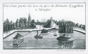 Näkymä osasta järveä Egyptin Belvederen edessä Steinfortissa, George Louis Le Rougen "Jardins Anglo-Chinois de la Mode" -julkaisusta, julkaistu 1776-90 (kaiverrus) (m/w kuva) tekijältä French School