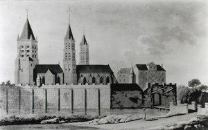 Näkymä Saint-Germain-des-Presin luostarista 1400-luvun alussa (litografia) (m/v kuva) tekijältä French School