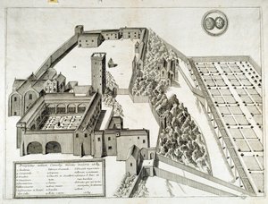 Näkymä Saint Pierre de Montmajourin (tai Mont Majourin) benediktiiniläisluostarille, perustettu vuonna 948, Arles, Ranska (kaiverrus) tekijältä French School