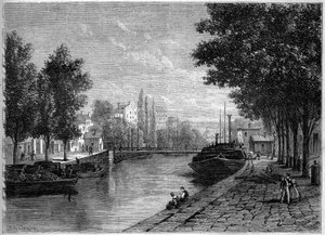Näkymä Saint Martinin kanavalle Pariisissa ennen Haussmannin 1800-luvun puolivälissä toteuttamia muutoksia. Näkymä rue Saint Sebastienin korkeudelta. Kaiverrus "" Le Monde Illustré" -julkaisussa nro 233, 28. syyskuuta tekijältä French School