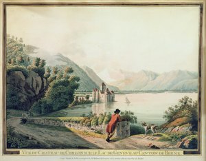 Näkymä Chateau de Chillonille, Genevejärvelle (värillinen etsaus) tekijältä French School