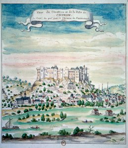 Näkymä Chateau de Chinonin akvarellille ranskalaisesta koulusta. 1699 Paris, B.N. tekijältä French School