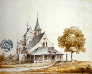 Näkymä Meudonin kirkolle (akvarelli paperille) tekijältä French School