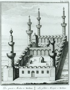 Näkymä Medinan suuresta moskeijasta ennen vahhabi-lahkon hautojen häpäisyä, Carsten Niebuhrin (1733-1815) Kuvaus de lArabie, julkaistu 1774 tekijältä French School