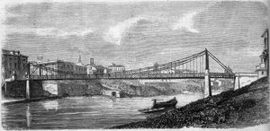 Näkymä Pyhän Johanneksen sillalle Tiber-joella (Tevere) Italiassa, vihitty käyttöön vuonna 1863. Tämän terässillan on suunnitellut Alphonse Oudry (1819-1869). Kaiverrus "" Le Monde Illustré" -julkaisussa nro 349, 19. joulukuuta 1863. tekijältä French School