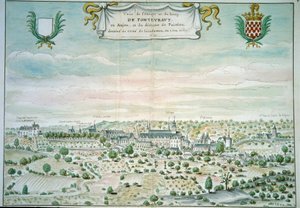 Näkymä Fontevraultin (Fontevraud) luostarista Mainessa ja Loiren akvarelli ranskalaisesta koulusta. 1699 Paris, B.N. tekijältä French School