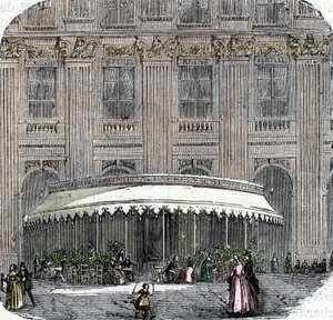Näkymä Cafe de la Rotondesta Palais-Royalissa Pariisissa noin 1860 (värillinen kaiverrus) tekijältä French School
