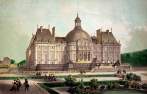 Näkymä Vaux le Vicomten (Vaux-le-Vicomten) linnasta Maincyssa (Seine-et-Marne), rakennettu noin 1658. 1800-luvun yksityiskokoelman grafiikkaa tekijältä French School