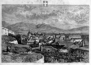 Näkymä Chamberyn kaupunkiin Savoyssa. Kaiverrus vuodelta 1880 yksityisessä "La republique illustree" -kokoelmassa. tekijältä French School