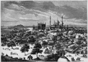 Näkymä Delhin kaupungista (Intia) vuonna 1857. Luonnoksesta prinssi Alexis Soltykoffista. Bertrandin kaiverrus "" Le Monde Illustré" -julkaisussa nro 20, 29. elokuuta 1857. tekijältä French School