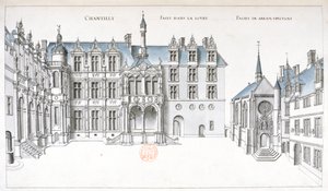 Näkymä Chantillyn sisäpihalle ja kappelille (kynä, muste ja wc paperilla) tekijältä French School