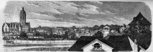 Näkymä Kastrichin kaupungin alueelta Mainzissa (Saksa), ennen ruutitynnyrin räjähdystä vuonna 1857. Valokuvasta. Kaiverrus "" Le Monde Illustré" -julkaisussa nro 36, 19. joulukuuta 1857. tekijältä French School
