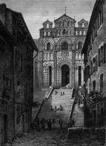 Näkymä Cathedrale Notre Dame du Puy en Velay (Puy-en-Velay), Haute Loire (43) julkisivulle tekijältä French School