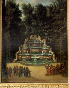 Näkymä Vesibuffetin suihkulähteelle Suuren Trianonin puutarhassa vuonna 1713. Etualalla: Ludvig XIV Promenade Peinture de Charles Chatelainilla. 1700-luvulla. Himmeä. 2,96x1,42 m. Versailles, Versaillesin linnat ja Trianon tekijältä French School