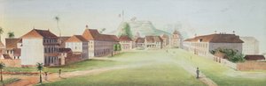 Näkymä jalkaväen kasarmeista Cayennessa, Ranskan Guyanassa, n. 1840 (wc paperilla) tekijältä French School