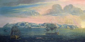 Näkymä Pyhän Helenan saarelle, n. 1820 (wc ja guassi paperilla) (katso myös 182638) tekijältä French School
