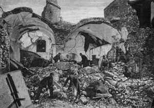 Näkymä Chiese del Purgatorion raunioista, jotka tuhoutuivat vuoden 1881 maanjäristyksessä Ischian saarella (Italia). Quesnelin kaiverrus kirjassa "" The Illustrous World"" nro 1254, 9. huhtikuuta 1881. tekijältä French School