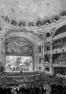 Näkymä teatterisalista Bellecour, Lyon, jonka rakensi Jules Chatron (1831-1884) vuonna 1879. Kaiverrus "" Le Monde Illustré" -julkaisussa nro 1176, 11. lokakuuta tekijältä French School