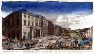 Näkymä Marseillen kaupungintalosta ja osasta satamasta, josta ruttoajan ruumiit saapuivat vuonna 1720 - kaiverrus tekijältä French School