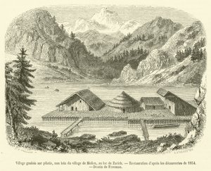 Gallialainen kylä paalujen päällä, lähellä Meilenin kylää, Zürich-järven rannalla (kaiverrus) tekijältä French School