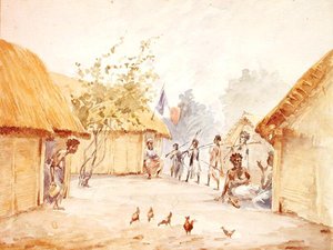 Kylä Madagaskarilla Ranskan valloituksen aikoihin 1895-96 (akvarelli paperille) tekijältä French School