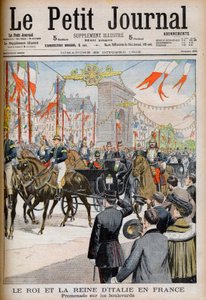 Italian kuninkaan ja kuningattaren vierailu Ranskassa. Italian kuningas ja kuningatar Ranskassa. Promenade bulevardeilla Ranskan tasavallan presidentin Emile Loubetin kanssa - Kuvitus Le petit Journalille, 25. lokakuuta 1903 - Victor Emmanuel III (Victor-E tekijältä French School