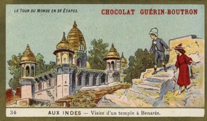 Vierailu temppelissä Benaresissa, Intiassa (chromolitho) tekijältä French School
