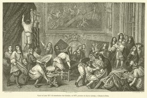 Ludvig XIV:n vierailu Manufacture des Gobelinsissa vuonna 1677 (kaiverrus) tekijältä French School