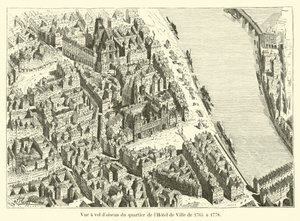 Lintuperspektiivistä Hotel de Villen kaupunginosa vuosina 1765–1778 tekijältä French School