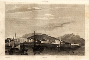 Näkymä Ajacciosta, Korsikasta, kaiverrus vuodelta 1836. tekijältä French School