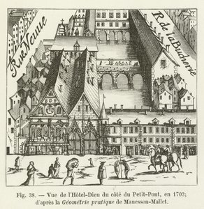 Näkymä Hôtel-Dieulle Petit-Pontin puolelta, vuonna 1702; Manesson-Malletin käytännön geometrian mukaan tekijältä French School