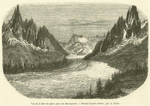 Näkymä Mer de Glacelle otettu Montanvertista (kaiverrus) tekijältä French School