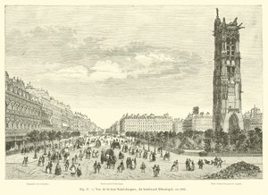 Näkymä Tour Saint-Jacquesille Boulevard Sebastopol -kadulta vuonna 1866 tekijältä French School