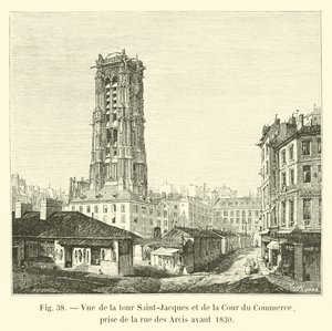 Näkymä Saint-Jacques-tornille ja Cour du Commerce -kadulle, otettu rue des Arcisilta ennen vuotta 1830 tekijältä French School