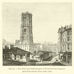 Näkymä Saint-Jacques-tornille ja Cour du Commerce -kadulle, otettu rue des Arcisilta ennen vuotta 1830 tekijältä French School