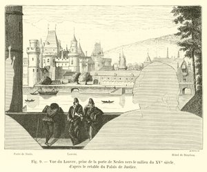 Näkymä Louvrelle, Porte de Neslesistä 1400-luvun puolivälissä, Palais de Justice -alttaritaulun jälkeen tekijältä French School